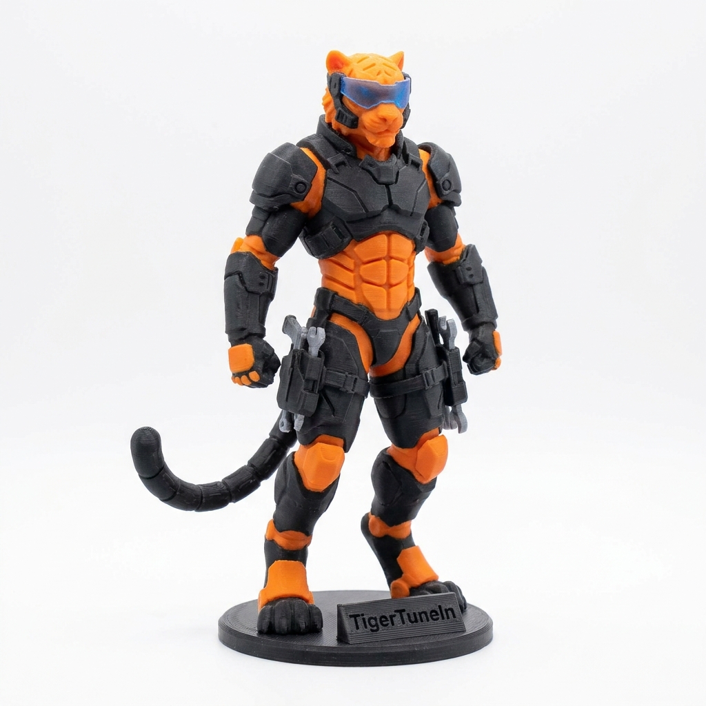 Concept de mascotte TigerTuneIn en armure noire et orange